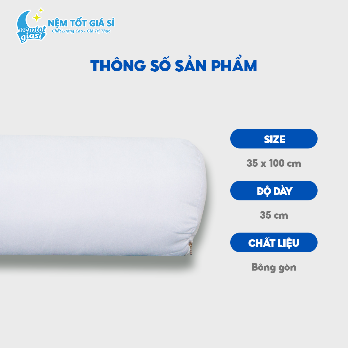 Nệm Tốt Giá Sỉ - Gối Ôm Bông Gòn Ép Hơi Á Châu Kích Thước 35x100cm 3